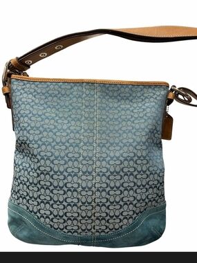 Coach Denim Signature Canvas Shoulder Bag with Tan Leather Strap Y2K